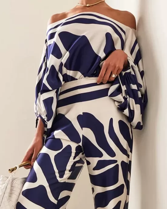 Printed Off-The-Shoulder Top + Wide Leg  Pants Two Pieces Set