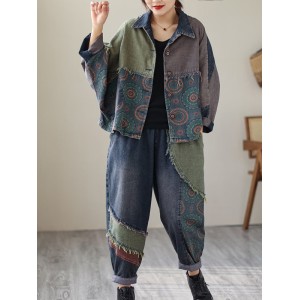 Contrast Color Fringed Split-Joint Long Sleeves Printed Outwear + Harem Pants  Two Pieces Set