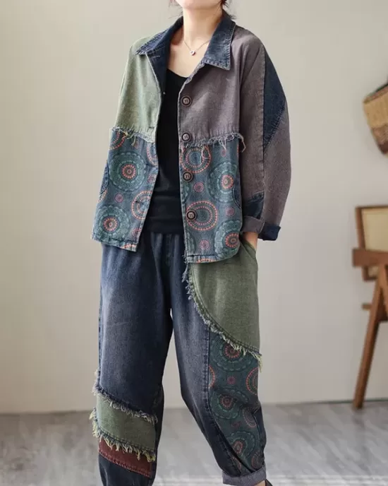 Contrast Color Fringed Split-Joint Long Sleeves Printed Outwear + Harem Pants  Two Pieces Set