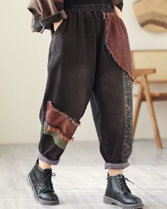 Contrast Color Fringed Split-Joint Long Sleeves Printed Outwear + Harem Pants  Two Pieces Set