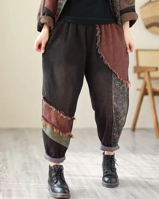 Contrast Color Fringed Split-Joint Long Sleeves Printed Outwear + Harem Pants  Two Pieces Set