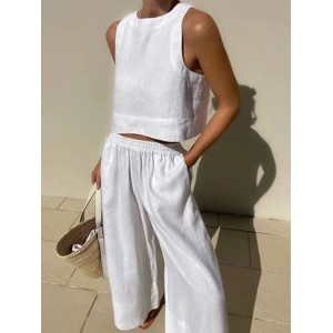 Solid Color Loose Round-Neck Sleeveless Vest + Elasticity Wide Leg Pants Two Pieces Set