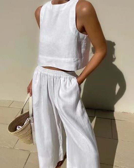 Solid Color Loose Round-Neck Sleeveless Vest + Elasticity Wide Leg Pants Two Pieces Set