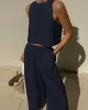 Solid Color Loose Round-Neck Sleeveless Vest + Elasticity Wide Leg Pants Two Pieces Set