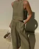 Solid Color Loose Round-Neck Sleeveless Vest + Elasticity Wide Leg Pants Two Pieces Set