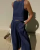 Solid Color Loose Round-Neck Sleeveless Vest + Elasticity Wide Leg Pants Two Pieces Set