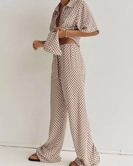 Plaid Printed Half Sleeves Loose Lapel Shirts&Pants Two Pieces Set