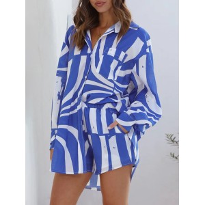 Loose Contrast Color Split-Joint High-Low Blouse + Elasticity Shorts Two Pieces Set