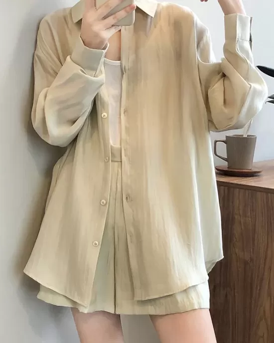 Loose Solid Color Long Sleeves Blouse + Pleated Shorts Two Pieces Set