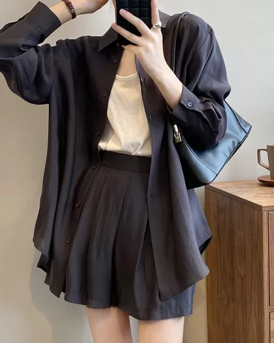 Loose Solid Color Long Sleeves Blouse + Pleated Shorts Two Pieces Set