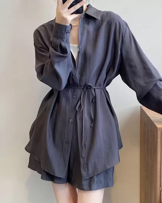 Loose Solid Color Long Sleeves Blouse + Pleated Shorts Two Pieces Set