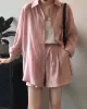 Loose Solid Color Long Sleeves Blouse + Pleated Shorts Two Pieces Set