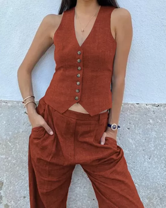 Solid Color Buttoned Deep V-Neck Sleeveless  Vest Top + Pleated Straight Leg Pants Bottom Two Pieces Set