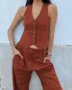 Solid Color Buttoned Deep V-Neck Sleeveless  Vest Top + Pleated Straight Leg Pants Bottom Two Pieces Set