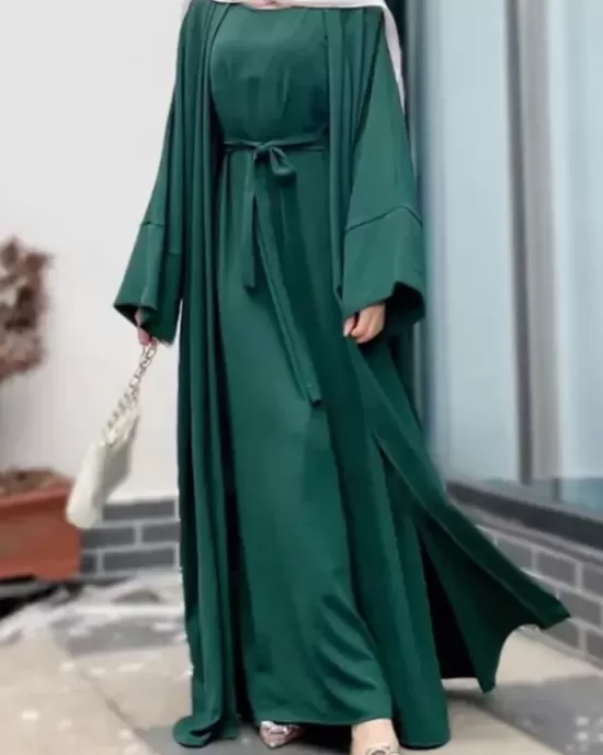 Long Sleeves Loose Solid Color Inner Dress + Tied Waist Outerwear Two Pieces Set