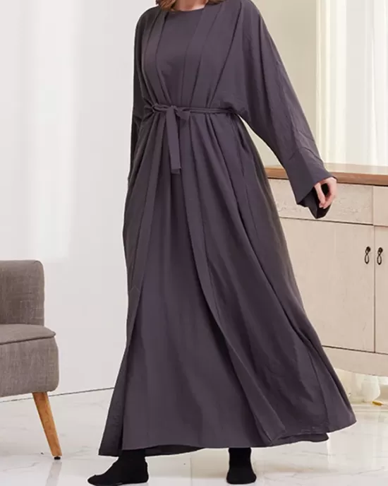 Long Sleeves Loose Solid Color Inner Dress + Tied Waist Outerwear Two Pieces Set