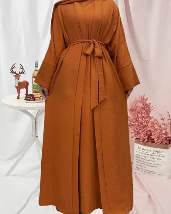 Long Sleeves Loose Solid Color Inner Dress + Tied Waist Outerwear Two Pieces Set