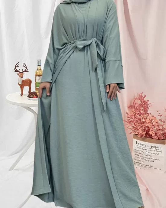 Long Sleeves Loose Solid Color Inner Dress + Tied Waist Outerwear Two Pieces Set