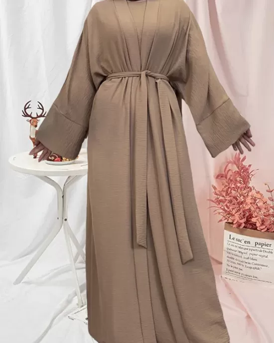 Long Sleeves Loose Solid Color Inner Dress + Tied Waist Outerwear Two Pieces Set