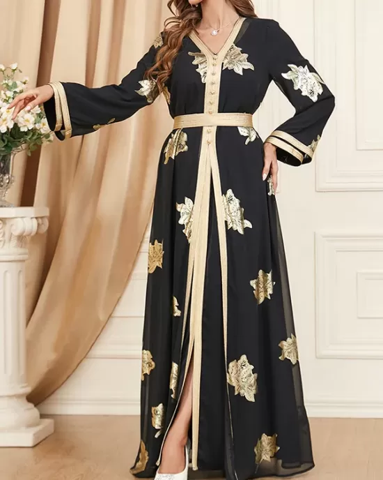 Belted Muslim Printed Split-Front Long Sleeves V-Neck Two Pieces Set Maxi Dresses