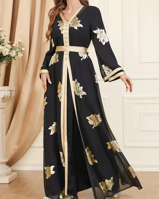 Belted Muslim Printed Split-Front Long Sleeves V-Neck Two Pieces Set Maxi Dresses