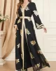 Belted Muslim Printed Split-Front Long Sleeves V-Neck Two Pieces Set Maxi Dresses