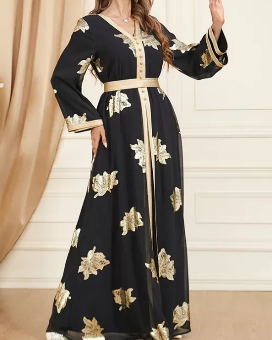 Belted Muslim Printed Split-Front Long Sleeves V-Neck Two Pieces Set Maxi Dresses