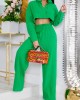 Solid Color Long Sleeves Blouse + Drawstring Elasticity High-Waisted Wide-Leg Pants Trousers Two Pieces Set