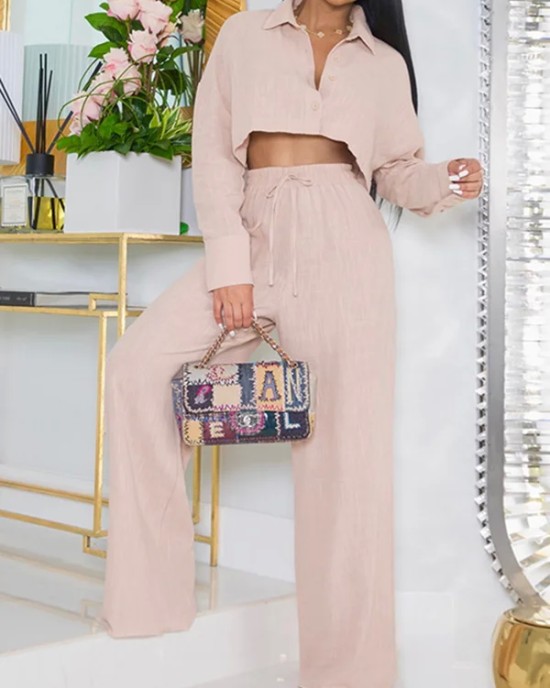 Solid Color Long Sleeves Blouse + Drawstring Elasticity High-Waisted Wide-Leg Pants Trousers Two Pieces Set