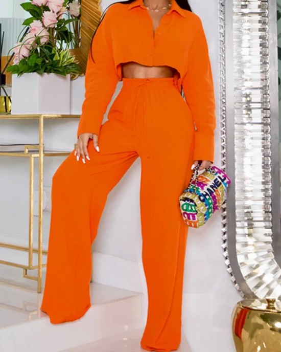 Solid Color Long Sleeves Blouse + Drawstring Elasticity High-Waisted Wide-Leg Pants Trousers Two Pieces Set