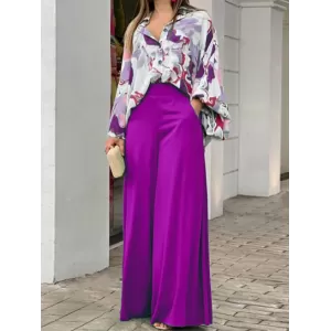 Loose Long Sleeves Floral Printed Blouses + High-Waisted Solid CoLor Wide Leg Pants Trousers Two Pieces Set