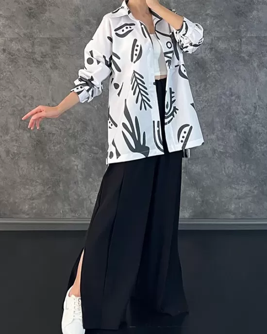 Lapel Printed High-Low Buttoned Pockets Blouse+ High Waisted Elasticity Pleated Split-Side Pants Two Pieces Set