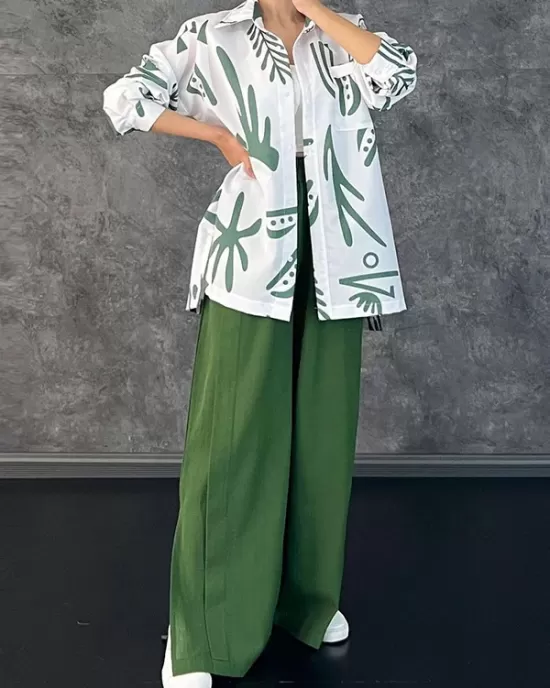 Lapel Printed High-Low Buttoned Pockets Blouse+ High Waisted Elasticity Pleated Split-Side Pants Two Pieces Set