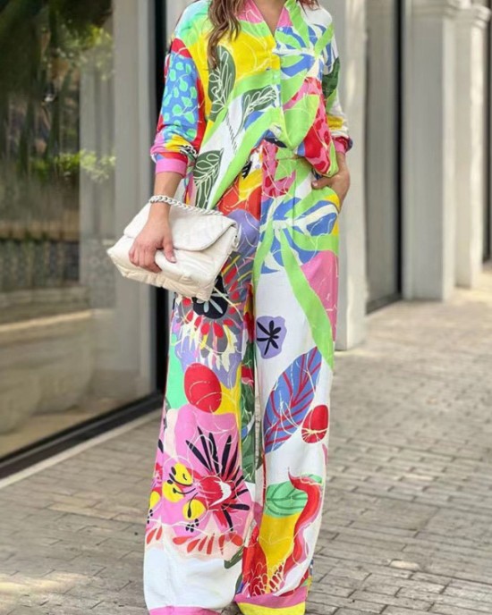 Contrast Color Printed Lapel Long Sleeves Buttoned Blouses Top+ High Waisted Pants Bottom Two Pieces Set