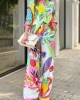 Contrast Color Printed Lapel Long Sleeves Buttoned Blouses Top+ High Waisted Pants Bottom Two Pieces Set