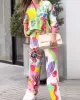 Contrast Color Printed Lapel Long Sleeves Buttoned Blouses Top+ High Waisted Pants Bottom Two Pieces Set