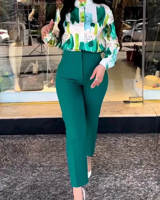 Long Sleeves Buttoned Printed Lapel Blouses Top + High Waisted Pants Bottom Two Pieces Set