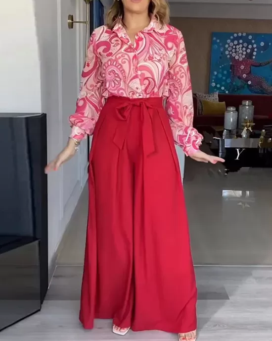 Printed Buttoned Lapel Blouse + Tied Waist High Waisted Wide Leg Pants Two Pieces Set