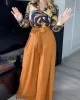 Printed Buttoned Lapel Blouse + Tied Waist High Waisted Wide Leg Pants Two Pieces Set