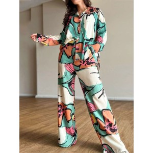 Flower Print Long Sleeves Buttoned Lapel Blouses Top +Wide Leg High Waisted Pants Bottom Two Pieces Set