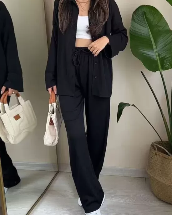 Solid Color High-Low Buttoned Split-Side Lapel Blouses Top+ Elasticity High Waisted  Pants Two Pieces Set