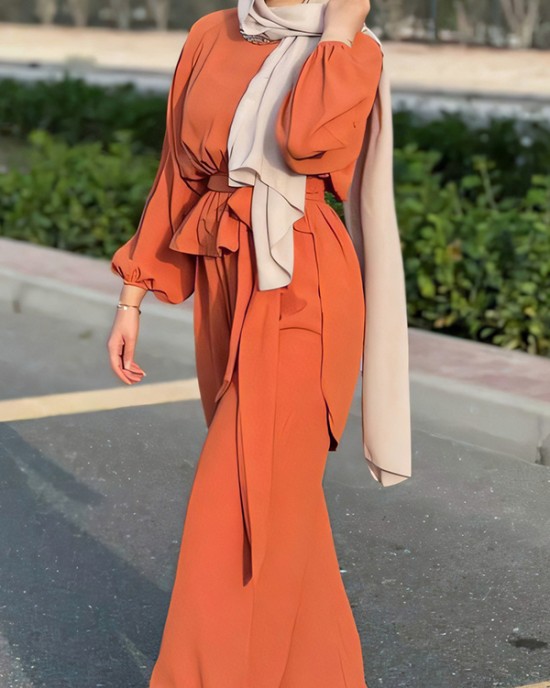 Solid Color Long Sleeves Elasticity Pleated Round-Neck Tied Waist Blouses Top + Wide Leg High Waisted Pants Bottom Two Pieces Set