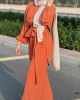 Solid Color Long Sleeves Elasticity Pleated Round-Neck Tied Waist Blouses Top + Wide Leg High Waisted Pants Bottom Two Pieces Set