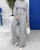 Solid Color Long Sleeves Elasticity Pleated Round-Neck Tied Waist Blouses Top + Wide Leg High Waisted Pants Bottom Two Pieces Set