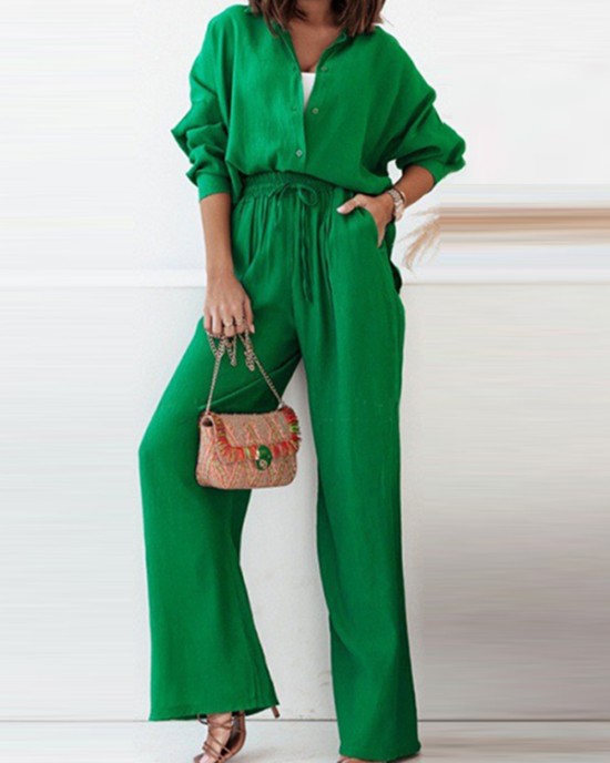 Solid Color Split-Joint High-Low Long Sleeves Buttoned Lapel Blouses + Drawstring Pants Two Pieces Set