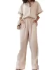 Solid Color Split-Joint High-Low Long Sleeves Buttoned Lapel Blouses + Drawstring Pants Two Pieces Set