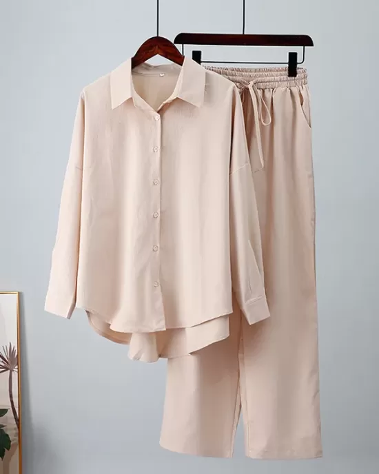 Solid Color Split-Joint High-Low Long Sleeves Buttoned Lapel Blouses + Drawstring Pants Two Pieces Set