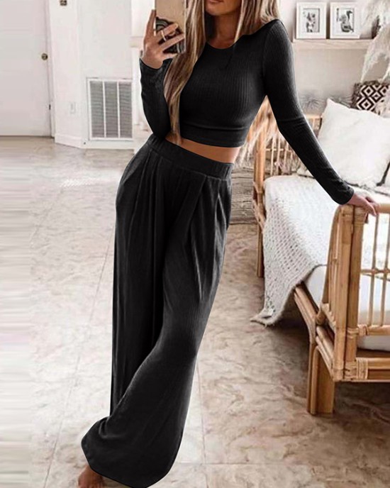 Plus Size Solid Color Long Sleeves Round-Neck Shirts Top + Pants Bottom Two Pieces Set