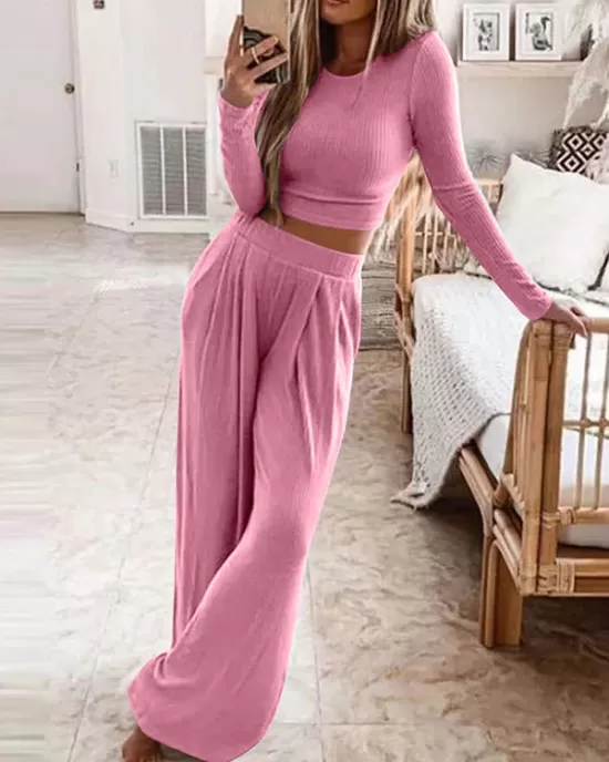 Plus Size Solid Color Long Sleeves Round-Neck Shirts Top + Pants Bottom Two Pieces Set