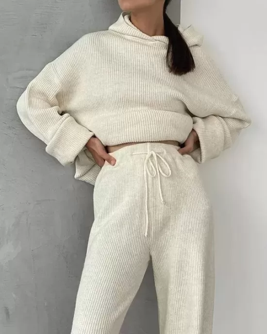 Solid Color Loose Round-Neck Hooded Long Sleeves Sweater Top + Drawstring Pants Bottom Two Pieces Set